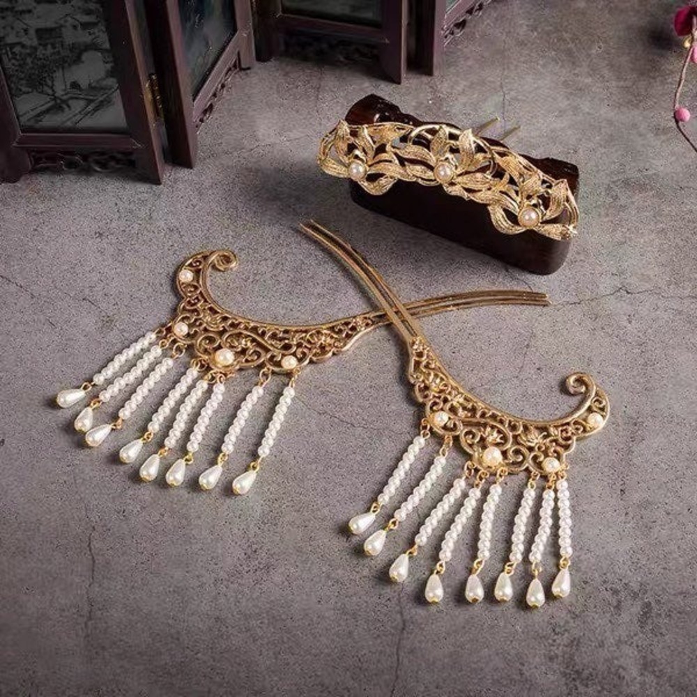 Traditional  Hair Accessory Set‎ Gold Pearl Tassel Comb Forks Earrings